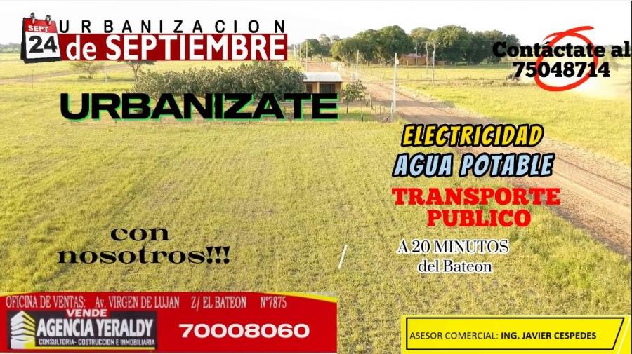 Foto Terreno en Venta en URBANIZACION 24 DE SEPTIEMBRE., Cotoca, Santa Cruz - U$D 2.999 - TEV6298 - BienesOnLine