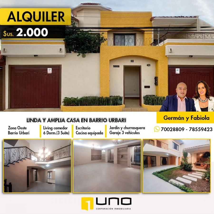Foto Casa en Alquiler en BARRIO URBARI, Santa Cruz de la Sierra, Santa Cruz - U$D 2.000 - CAA6484 - BienesOnLine