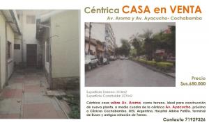 VENDO CENTRICA Y COMERCIAL CASA AV.AROMA/AYACUCHO EN COCHABAMBA