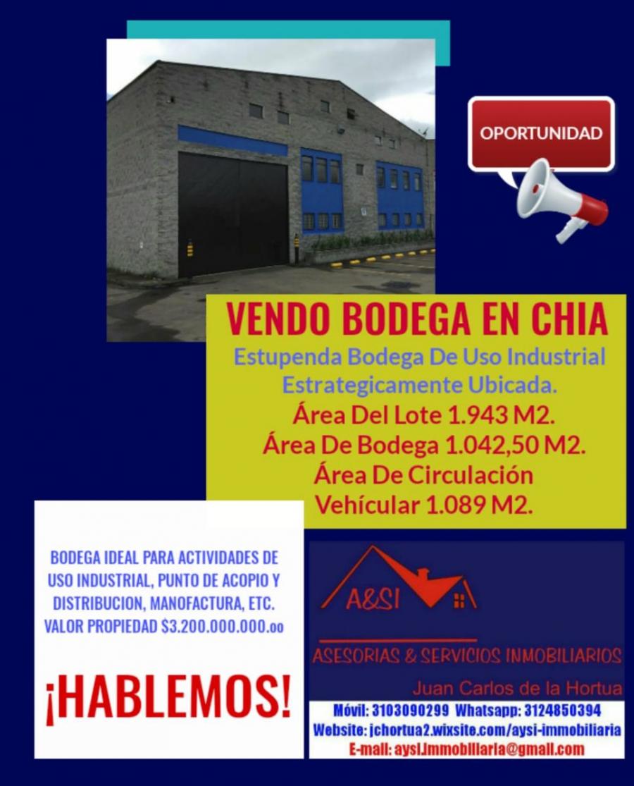 VENDO EN CHIA MAGNIFICA BODEGA INDUSTRIAL DE 1.943 M2.