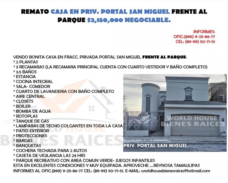 Foto Casa en Venta en PORTAL SAN MIGUEL, Reynosa, Tamaulipas - $ 2.150.000 - CAV304042 - BienesOnLine