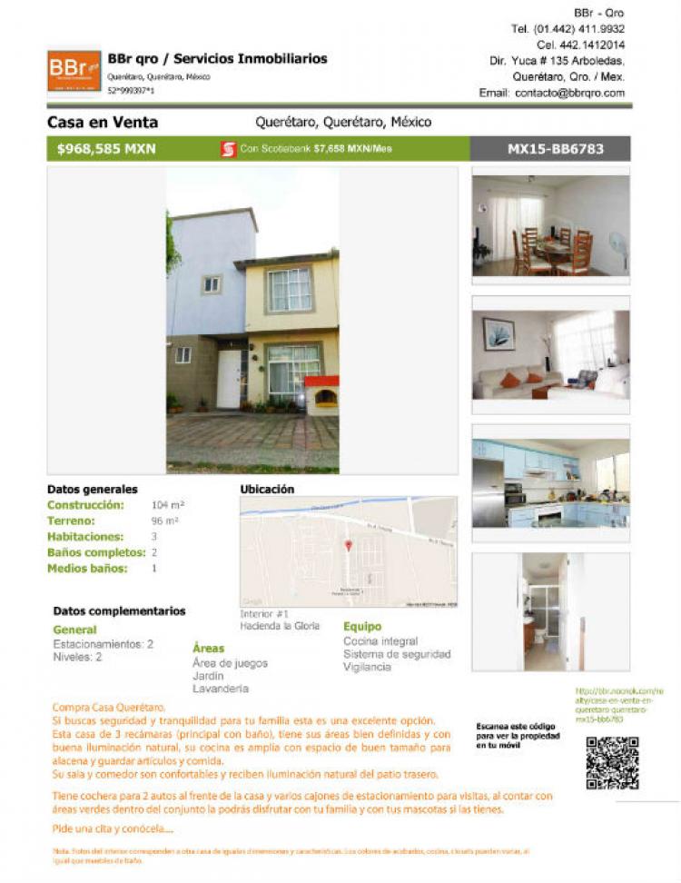 Foto Casa en Venta en Hacienda la Gloria, Santiago de Quertaro, Queretaro Arteaga - $ 968.585 - CAV124365 - BienesOnLine