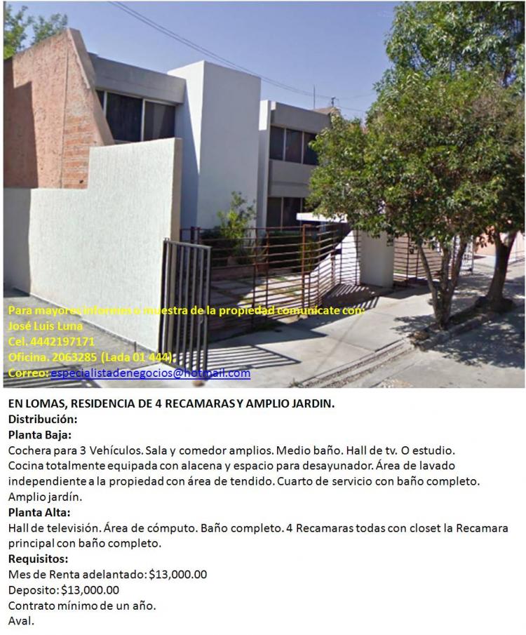Foto Casa en Renta en Loma Alta, San Luis Potos, San Luis Potosi - $ 13.000 - CAR31237 - BienesOnLine