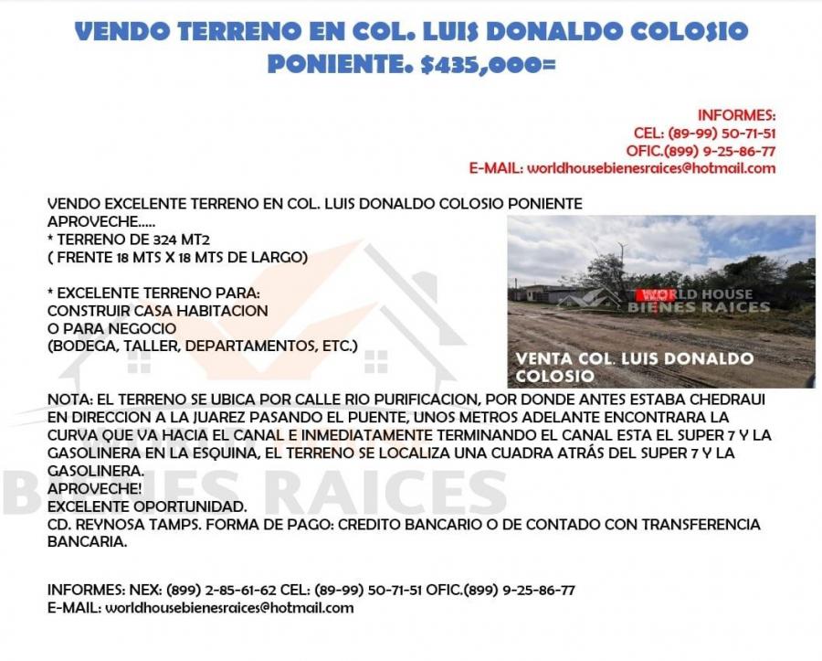 Foto Terreno en Venta en LUIS DONALDO COLOSIO, Reynosa, Tamaulipas - $ 435.000 - TEV322038 - BienesOnLine