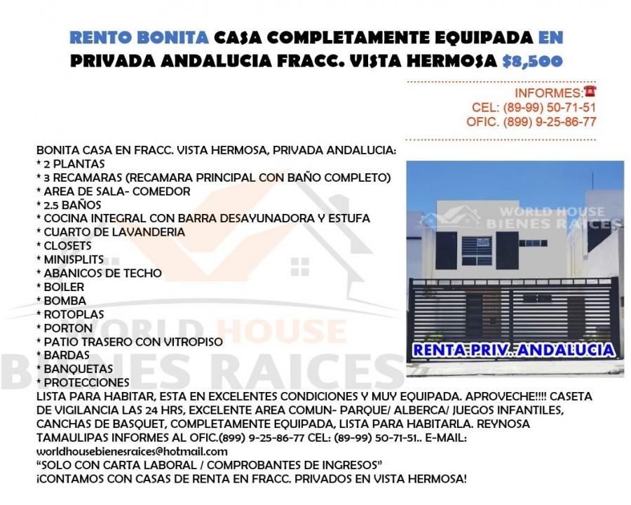 Foto Casa en Renta en VISTA HERMOSA, Reynosa, Tamaulipas - $ 8.500 - CAR315907 - BienesOnLine