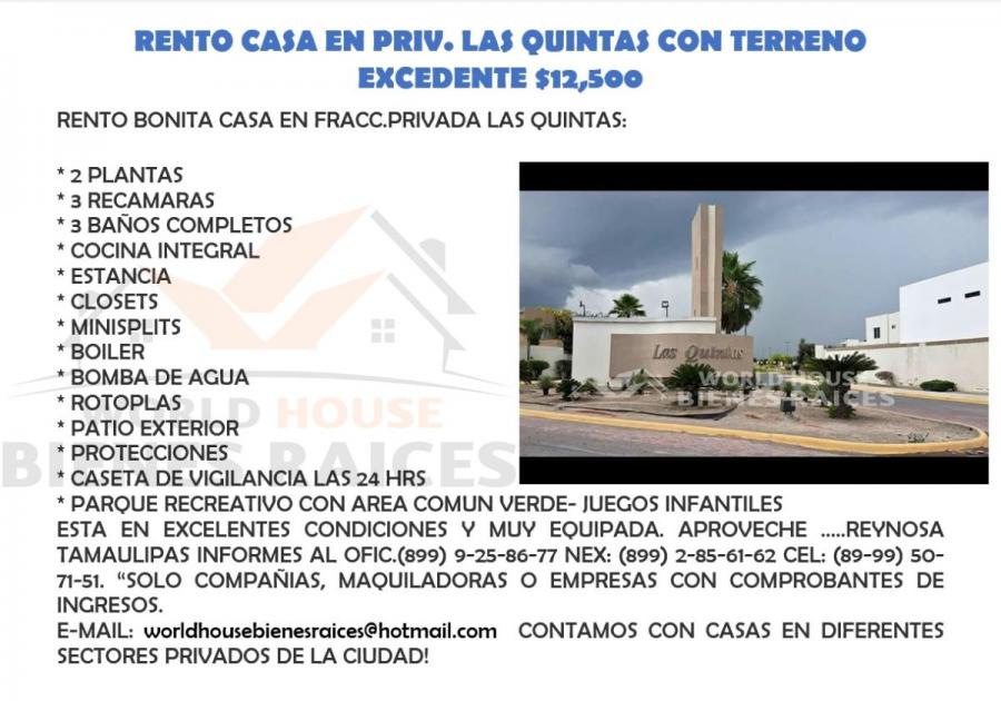 Foto Casa en Renta en LAS QUINTAS, Reynosa, Tamaulipas - $ 12.500 - CAR292875 - BienesOnLine
