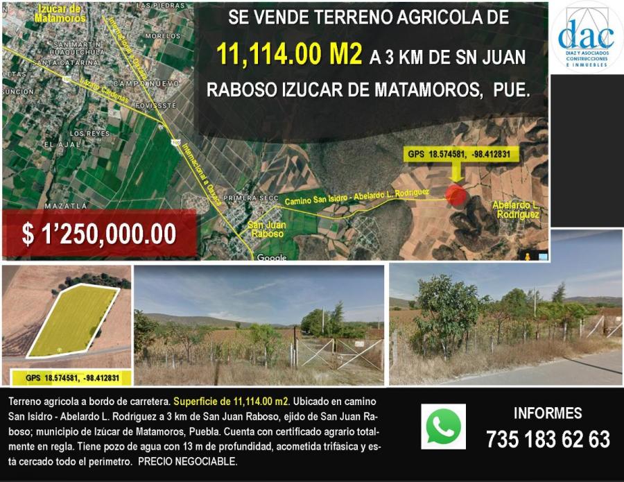 Foto Terreno en Venta en San Juan Raboso, Izcar de Matamoros, Puebla - 1 hectareas - $ 1.250.000 - TEV262390 - BienesOnLine