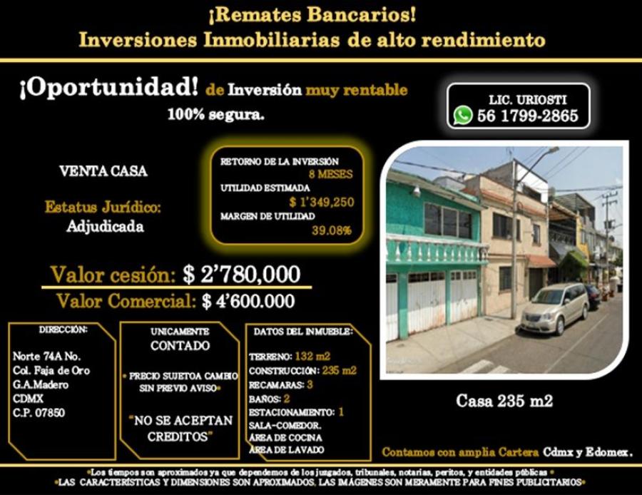 Foto Casa en Venta en FAJA DE ORO, Gustavo A. Madero, Distrito Federal - $ 2.780.000 - CAV351791 - BienesOnLine